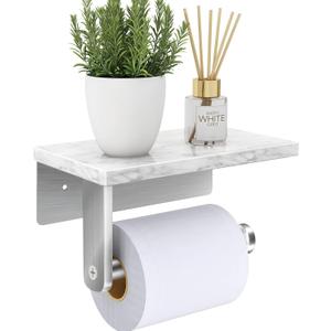 Brushed Nickel Toilet Paper Holder with Natural Marble Shelf, Screw Wall Mounted, Tissue Roll Holder for Bathroom Washroom