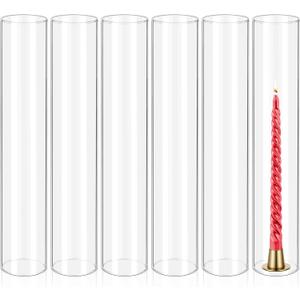 6 Pcs Hurricane Candle Holder Sleeve, H:16" D:3" Bottomless Glass Cylinder Candleholder Tall Clear Glass Cylinder Open Both Ends, Chimney Tube Cover, Open Ended Candle Shade