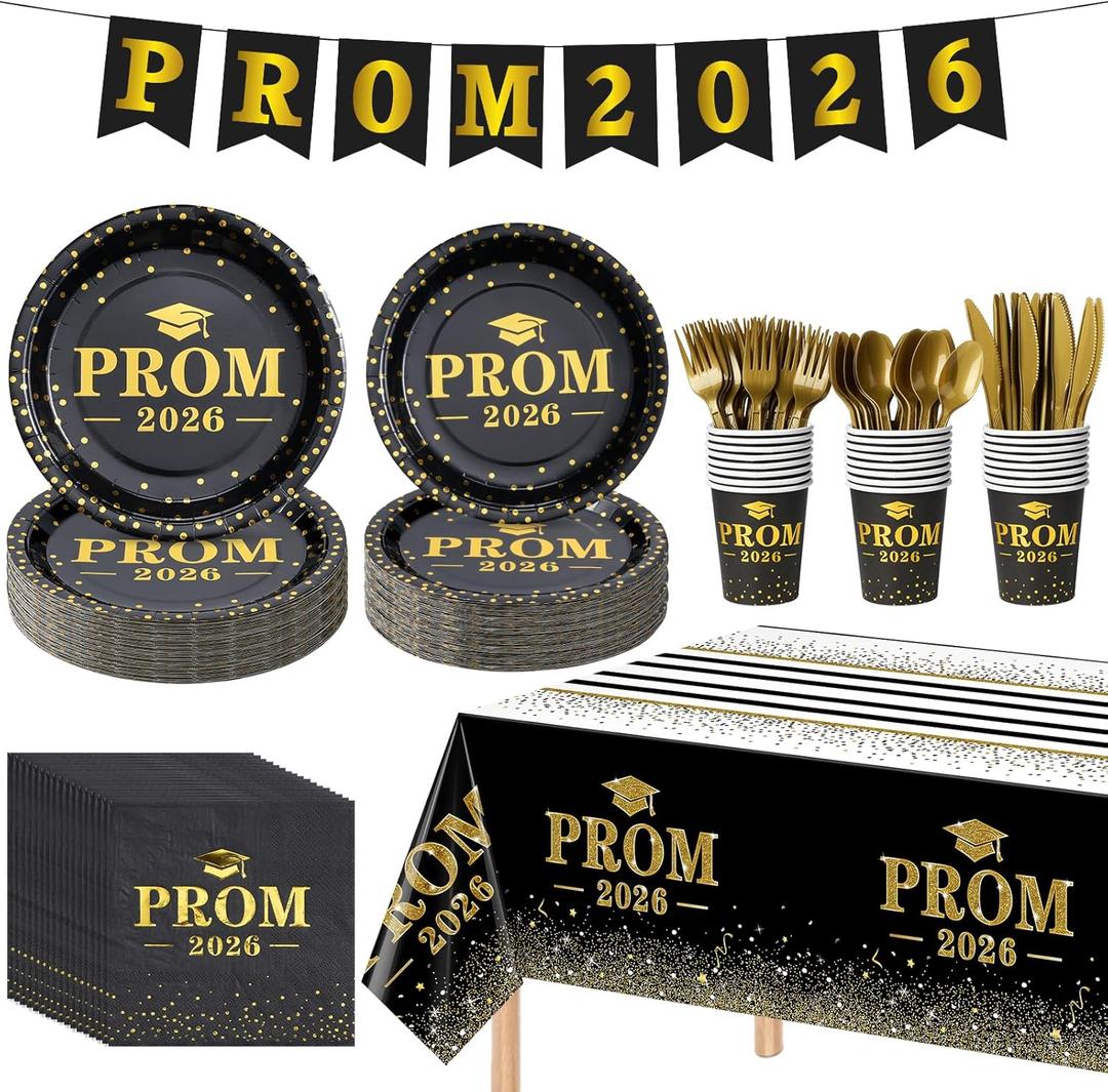 178 Pcs Prom Send off 2026 Plates and Napkins Serve 25, Disposable Paper Plates Napkins Set Banner Plastic Tablecloth Cups Knives Spoon for Class of 2026 Graduation Party Decorations Black and gold