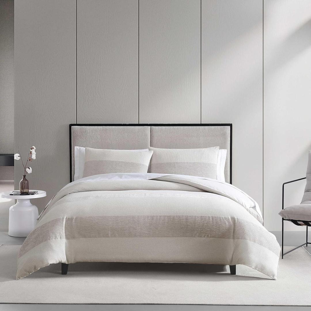 Vera Wang - King Comforter Set, Premium Cotton Bedding Set with Matching Shams, Chic Room Essentials, Oeko-Tex Certified (Chenille Waffle Stripe Beige, King)