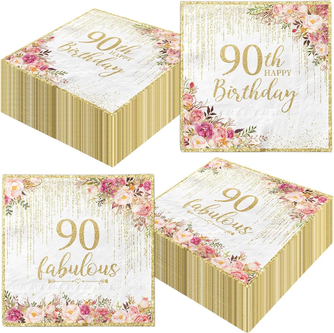90th Birthday Napkins,40pcs 90th Birthday Party Decorations Paper Napkins Disposable Rose Gold Happy 90th Birthday Decorations for Women Men