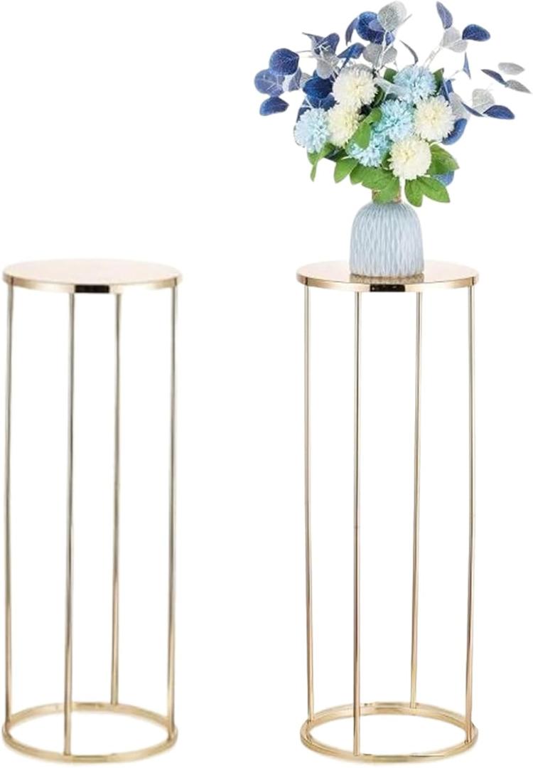 2 Pcs Gold Cylinder Pedestal Stand Tabletop Metal Flowers Floor Round Cylinder With Metal Panel 2.62ft High Geometric Display Rack for Wedding Parties Birthday Decoration