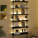 6-Tier LED Ladder Shelf, Wall Mounted Pipe Bookshelf, Black 36 Inch | Solid pine 6-tier wall mounted pipe bookshelf with warm LED lights, 40 lb shelves, for books, plants and decor
