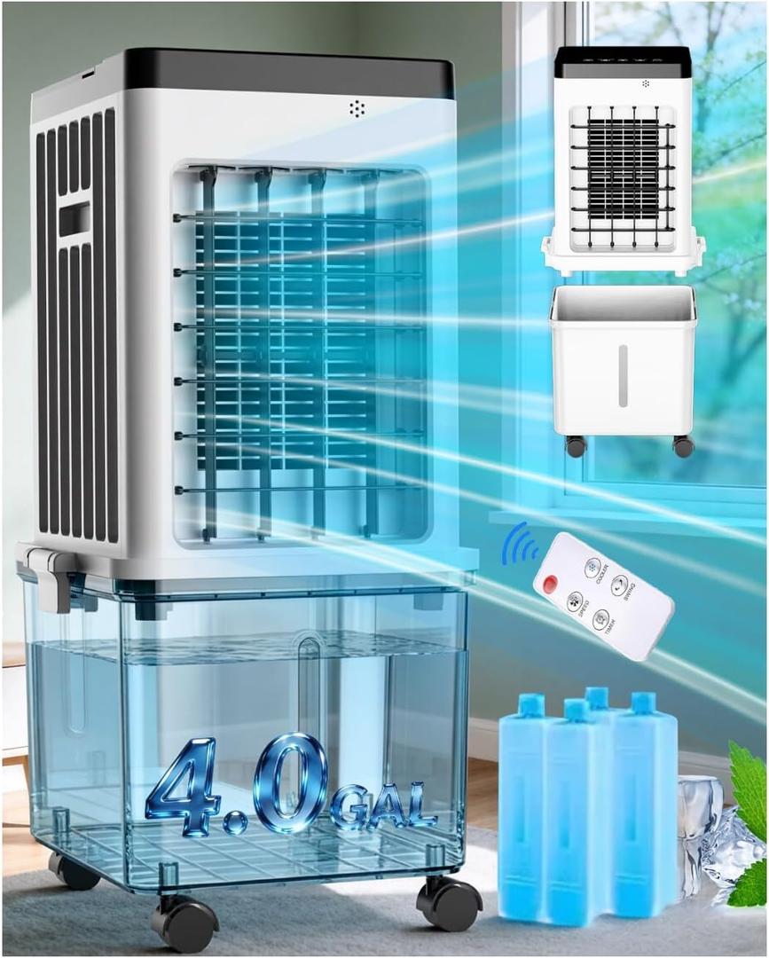 Swamp Cooler, Portable Air Conditioners with 4.0 Gal Detachable Water Tanks for 24H Cooling, 120 Oscillating, 4 Ice Boxes, 7H Timer, Portable AC for Bedroom Office Pets