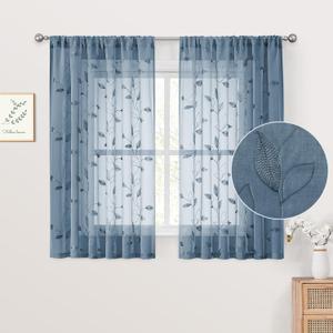 HOMEIDEAS Stone Blue Sheer Kitchen Curtains 52 x 54 Inch Length 2 Panels Embroidered Leaf Pattern Short Curtains for Bedroom Half Small Bathroom Window Rod Pocket Tiers