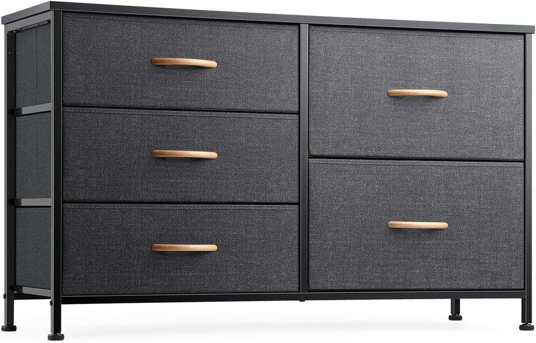 Nicehill Dresser for Bedroom with 5 Drawers, Storage Drawer Organizer, Wide Chest of Drawers for Closet, Clothes, Kids, Nursery, TV Stand with Storage Drawers, Wood Board, Fabric Drawers (Black Grey)