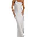 2026 Satin One Shoulder Maxi Dress for Women Summer Silk Formal Elegant Backless Ruffle Sleeveless Wedding Guest Dresses White,  Medium