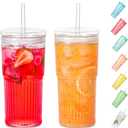 Pack of 2 Glass Cups With Lids and Glass Straws20 OZ High Borosilicate Glass Tumbler Iced Coffee Water Smoothie (Clear)