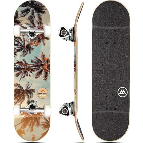 Magneto Skateboard - Beginner Skateboard for Kids - Mini Longboard Shape for Smooth Cruising - 27.5" x 7.75", Palm Trees, 9-Ply Maple