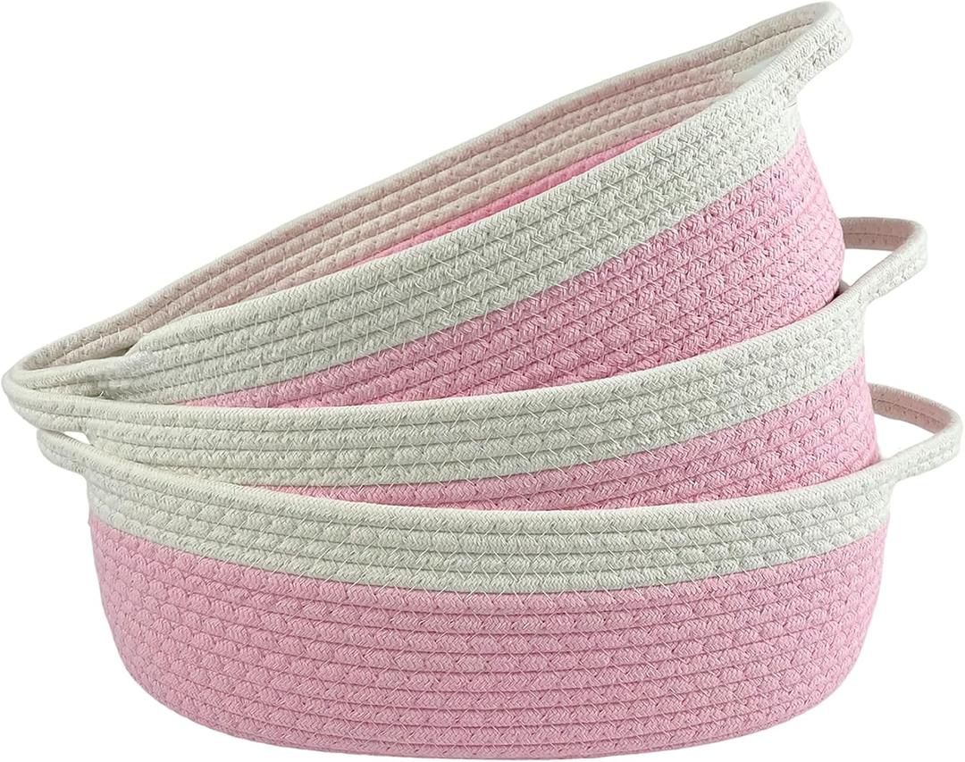 Woven Cotton Rope Storage Baskets with Handles,3-Pack Multi-Use Organizer for Shelves, Wardrobe, Living Room, Bedroom,Toy Storage Empty Gift Basket,Pink Basket