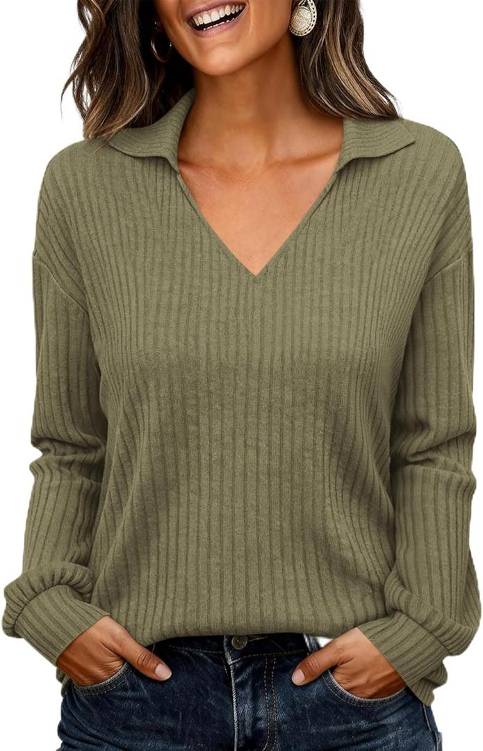 KIRUNDO Long Sleeve Shirts for Women 2025 Fall Fashion Outfits Going Out Tops Collar V Neck Blouses Ribbed Knit Loose Tunic (XL, Army Green)