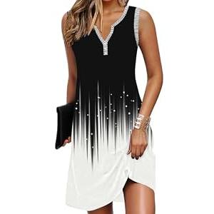 GUNEST Womens Summer Black 2 Printed Dresses Striped V Neck Sleeveless Button Down Casual Tank Flowy Beach Vacation 2025 A Line Trendy Mini Shift Tshirt Sundress with Pockets, Medium