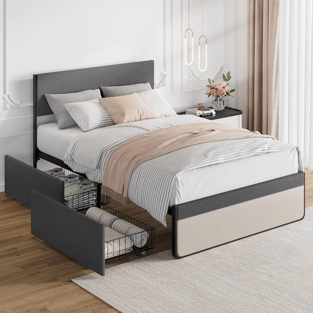 GAOMON Full Size Bed Frame with Headboard & 2 Storage Drawers, Upholstered Full Platform Bed Mattress Foundation with Steel Slats Support, Noise-Free, Easy Assembly & No Box Spring Needed, Grey