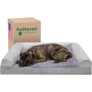 Furhaven Orthopedic Dog Bed for Large Dogs w/ Removable Bolsters & Washable Cover, For Dogs Up to 125 lbs - Faux Fur & Velvet Sofa - Smoke Gray, Jumbo Plus/XXL