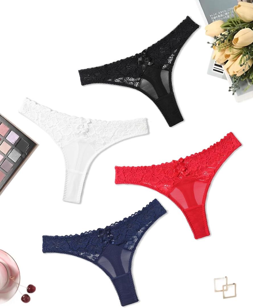 Avidlove Womens Underwear Sexy Bikini Panties Lace Thongs Low Waist Cheeky Lingerie Panties (Medium, 4packs:black/White/Red/Navy Blue)