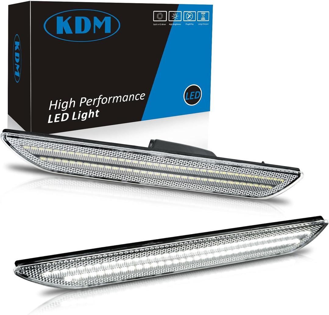 KDM LED Fender Side Marker Reflectors Lights Dual Rows, Compatible for 2015-2022 Ford Mustang Assembly Rear Side Bumper Marker Lamp,Clear Lens Bright White Pack of 2