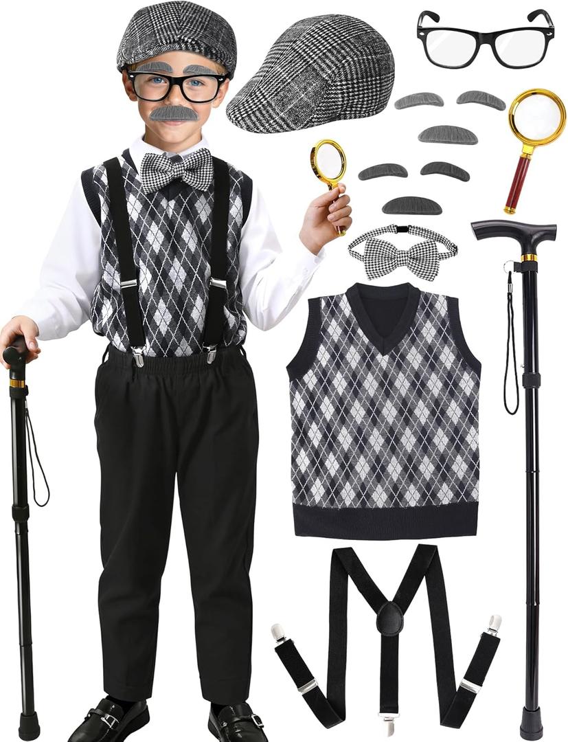 CONGRU 100 Days of School Costume for Boys,Old Man Costume for Kids Grandpa Vest Accessories Set (Small(5-7yr))
