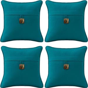 Outdoor Decorative Pillows with Coconut Button Pack of 4, 16" x 16" Outdoor Pillow Set for Couch Bed Throw Patio Sofa, Spectrum Peacock