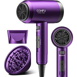 Hair Dryer with Diffuser, CONFU Ionic Blow Dryer 1600W, Portable Lightweight Fast Drying Negative Ion Hairdryer, 3 Heat Settings with Diffuser and Concentrator Nozzle for Home & Travel (Purple)