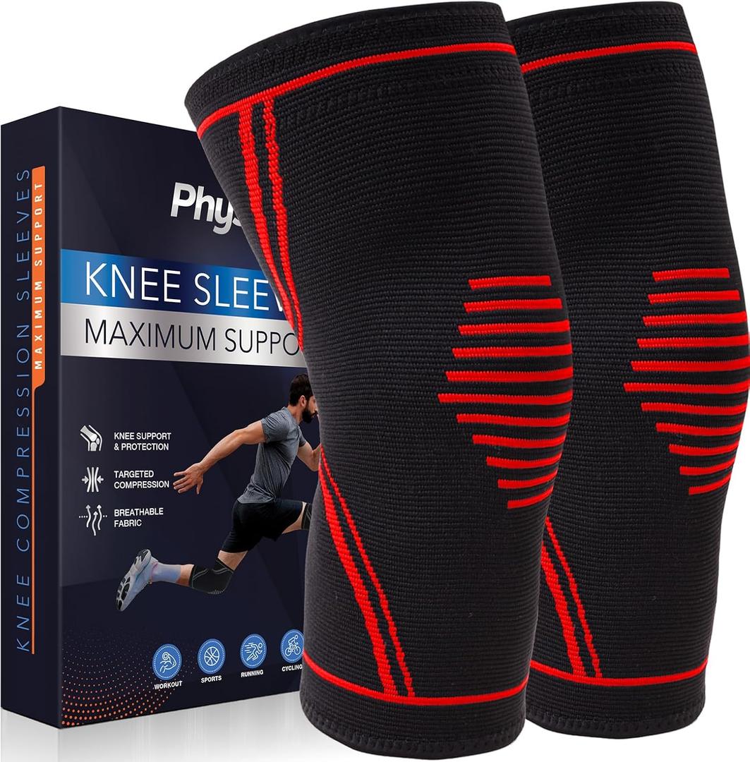 Knee Brace for Pain Relief - 2 Pack Knee Sleeves for Men and Women - Support for Weightlifting, Gym, Workout, Volleyball - Meniscus Tear, ACL, Arthritis (Large, Red)