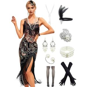 Peacock-inspired 1920s Gatsby Beaded Flapper Sling Dress Womens Vintage Cocktail Dress W/Complete Accessories Set (Medium, Black Gold)