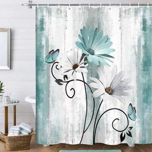 Rustic Farmhouse Shower Curtain, Farm Teal Daisy Floral Flowers and Butterfly on Country Wooden Shower Curtain for Bathroom, Turquoise Blue Bathroom Shower Curtains with 12PCS Hooks, 70X84IN