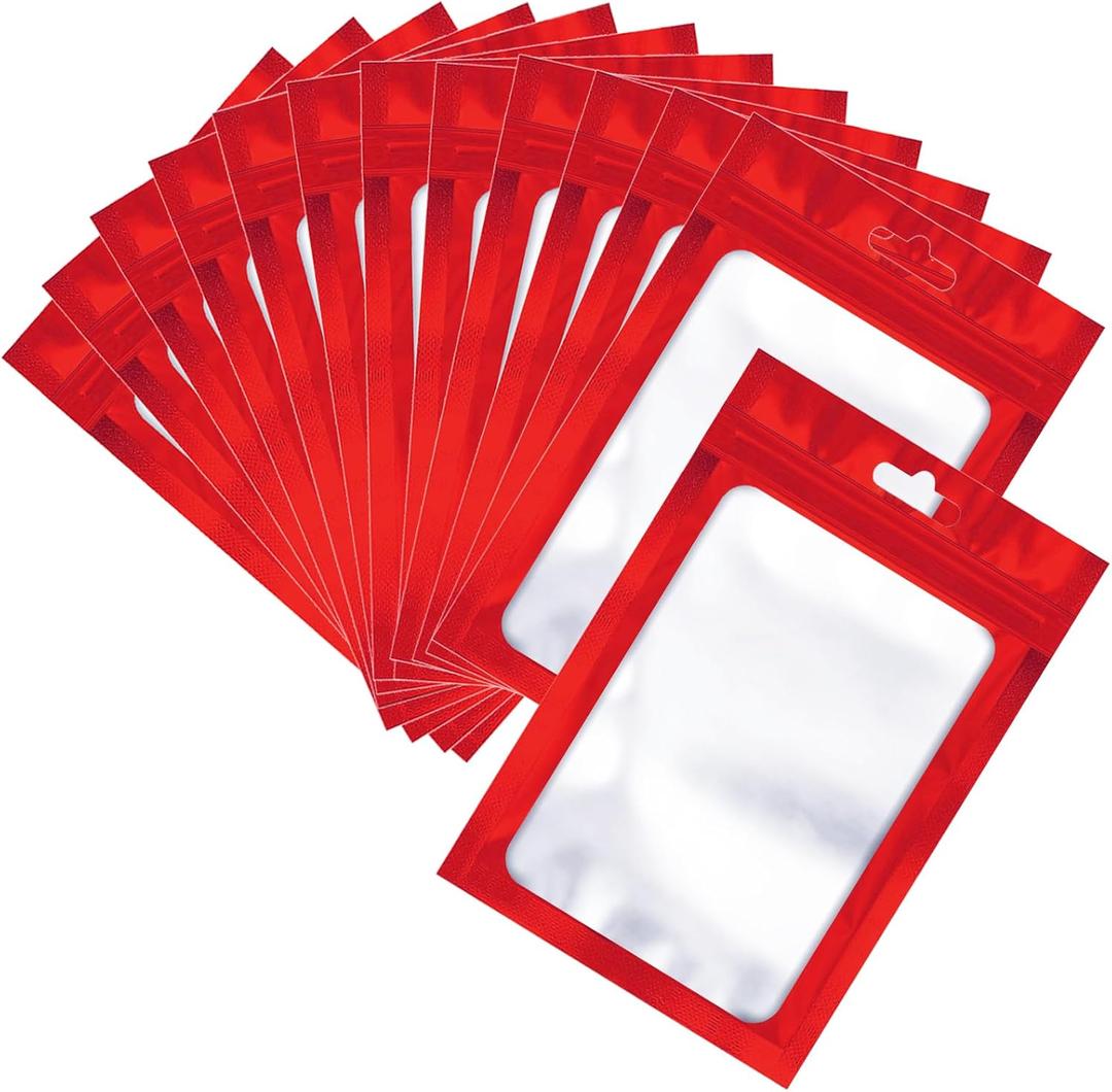 100 Pcs Resealable Mylar Bags, Sealable Odor Proof Foil Pouch Bag with Clear Window, Small Bussiness Packaging Supplies (Red, 4.7 X 7.9 Inch)