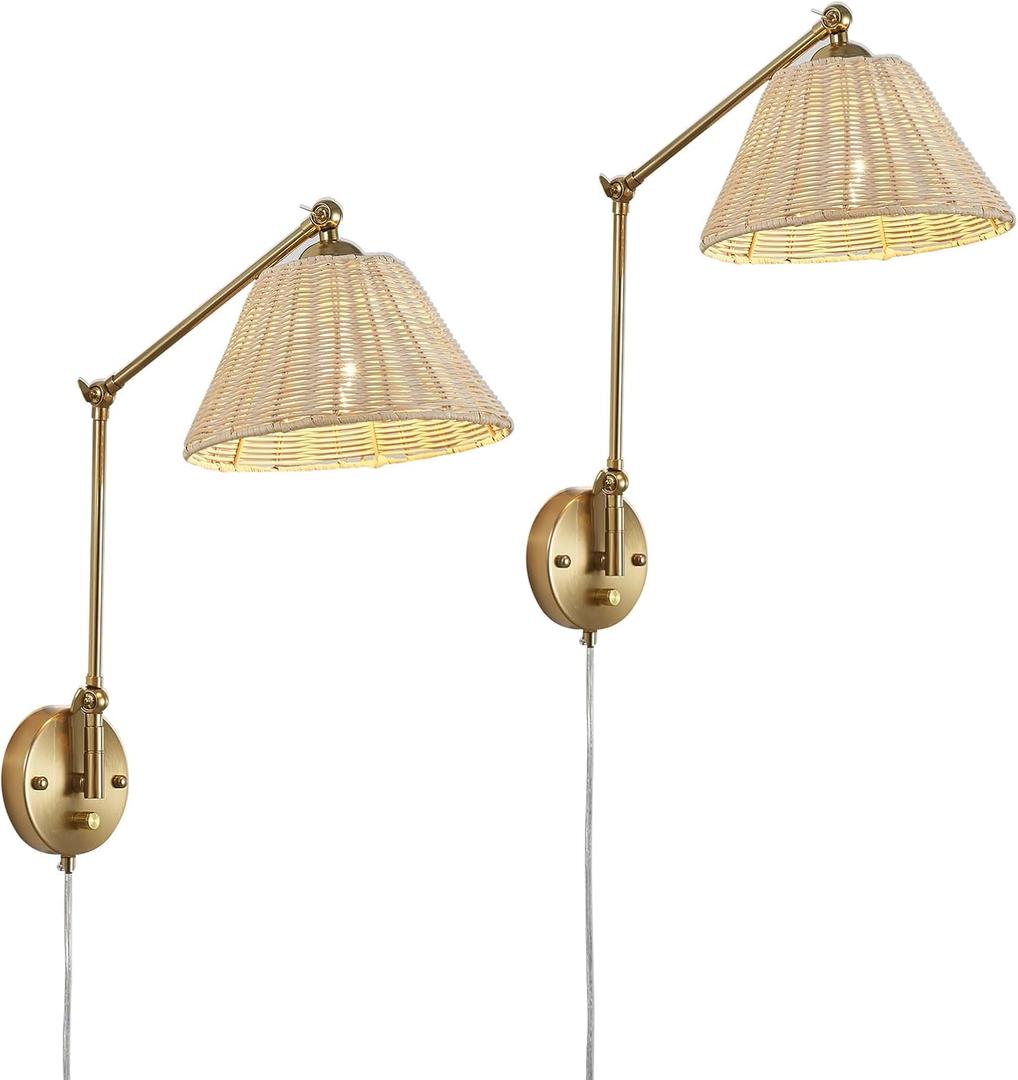 Gold Plug in Dimmable Swing Arm Hand Woven Rattan Wall Sconces Set of 2, Indoor Vintage Wall Light Fixture Wall Mounted Lamp for Bedroom Living Room Bedside Home Office E26 LED Bulb Included (2 Pack Gold New Version)