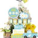 12 Pcs Spring Daisy Tiered Tray Decor Set, Table Block Sign Wooden Daisy Flower Tabletop Decorations Farmhouse Rustic Sunshine Flower Car Decor for Spring Party Home Kitchen
