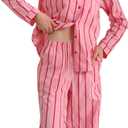 100% Cotton Pajamas for Women 2 Piece PJs Set Long Sleeve Button Down Breathable Woven Sleepwear Loungewear (Medium, Pink Stripe)