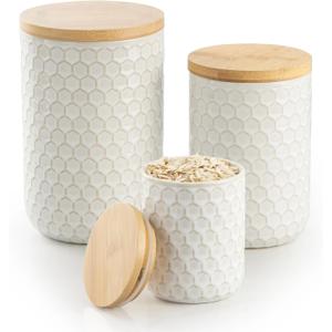 Besmeety Canisters Sets for the Kitchen, Flour Sugar Storage Containers, Ceramic Kitchen Canisters for Countertop with Airtight Lid, 11oz 28oz & 50oz Coffee Tea Sugar Container Set of 3 (White)