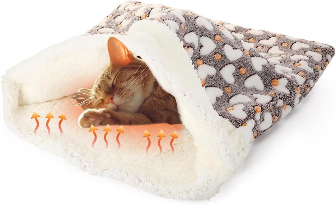 Clysee Self Heating Cat Sleeping Bag Indoor Self Warming Cat Bed Cave Heated Pad Cozy Soft Winter Washable Wrap Pet Snuggle Sack Pouch for Puppy Dog Kitten, 24 x 21 Inch(Cute,Gray)