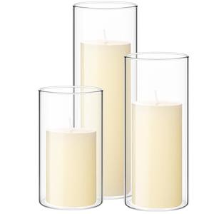 Shihanee Set of 3 Pillar Candles and 3 Glass Cylinder Candle Vases Holders Clear Pillar Jars for Wedding Centerpieces(2.6'' X 4.7'', 5.9'', 7.9'',Ivory White)