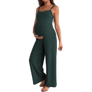 BLENCOT Maternity Ribbed Jumpsuit Sleeveless Square Neck Wide Leg Stretchy One Piece Romper (Medium, Dark Green)