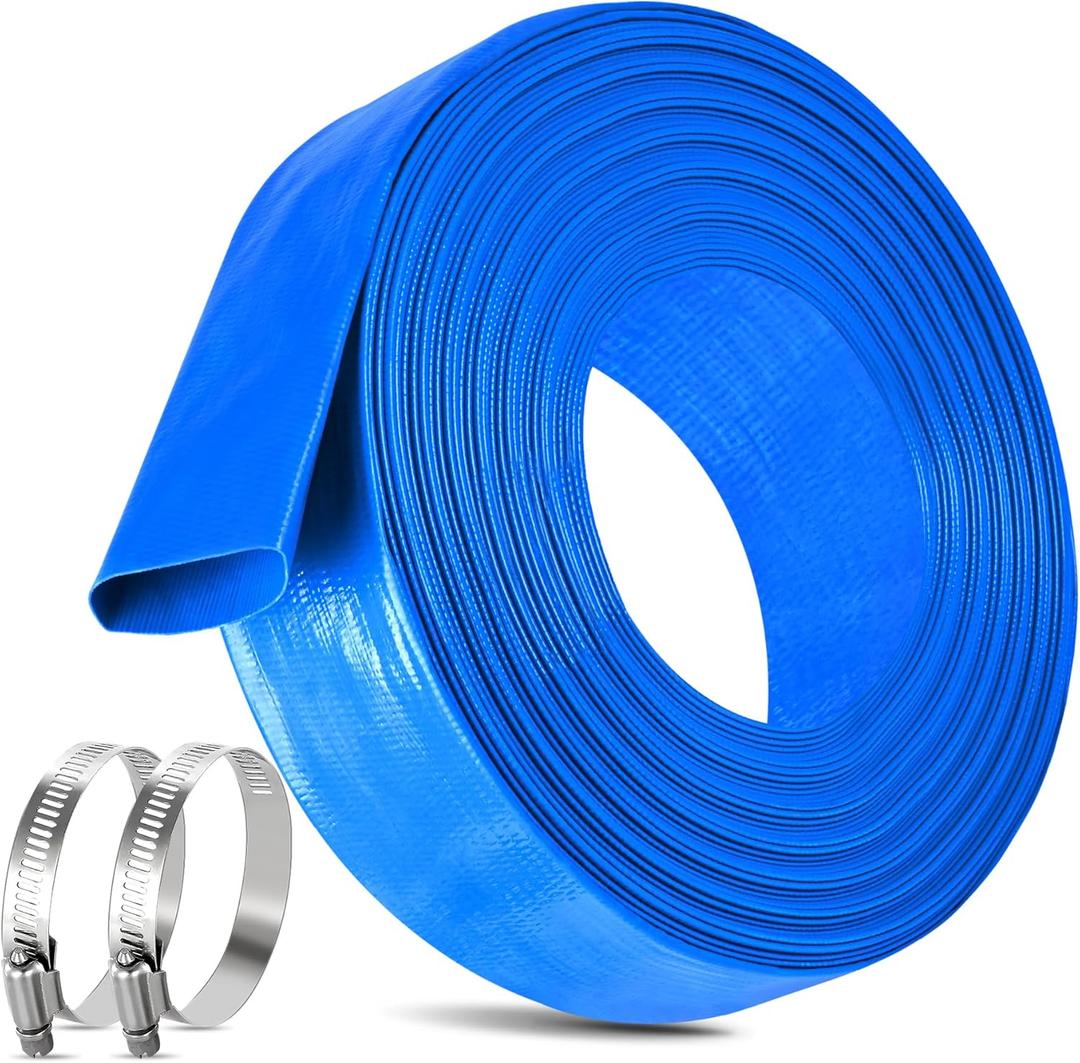1.5 IN x 60FT Pool Backwash Hose Heavy Duty Drain Discharge Double PVC Layflat Hose with 2 Clamps, Weatherproof Burst Resistant for Water Transfer, Sump Pump, Pool Filter, Pool Drain (18.3M, Blue)