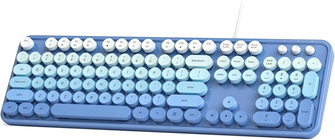 Wired Retro Keyboard, 104 Keys Full-Sized Typewriter Keyboards, Office Keyboard with Number Pad, Foldable Stands for Windows, PC, Laptop, Desktop (Blue Gradient)