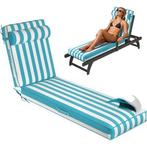 Chaise Lounge Cushions Outdoor 72x21x4 Inch, Patio Lounge Chair Cushions w/High Density Foam, 4 Inch Pool Lounger Cushion w/Removable Cover Handles, Fits Poolside Patio Outdoor Furniture, Bluestripe (Bluetripe)