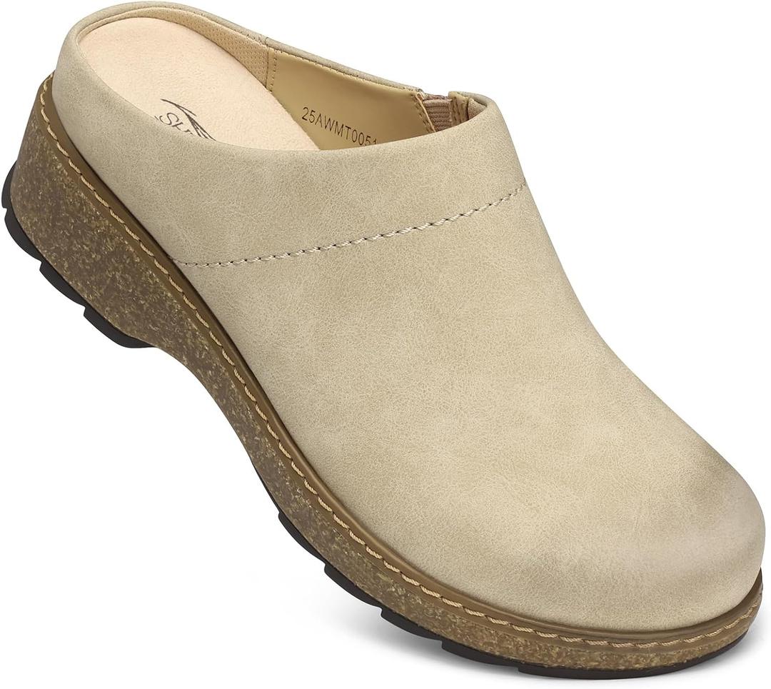 SHIBEVER Clogs for Women Mules Shoes Leather Slip On Clog Closed Toe Comfortable Mules, Beige, Size 9