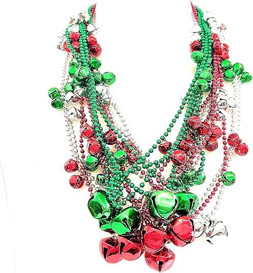 YSPPF 24 Pcs Christmas Jingle Bell Beads Necklace Red Green Silver Christmas Tree Bead Necklace Party Gift Decorations