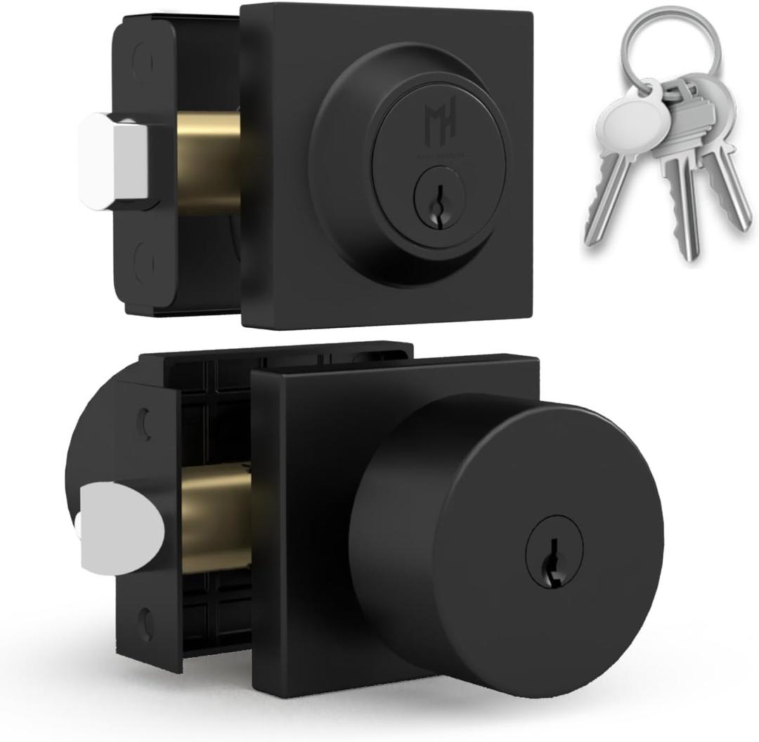 Mega Handles SUANA Entrance Combo, Door Knob and Cylinder Deadbolt and Key Combo, Heavy Duty Locking Door Knobs for Left or Right-Handed Doors  Matte Black (1 Pack)