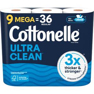 Cottonelle Ultra Clean Toilet Paper, 9 Mega Rolls = 36 Regular Rolls (284 Sheets (Pack of 4))