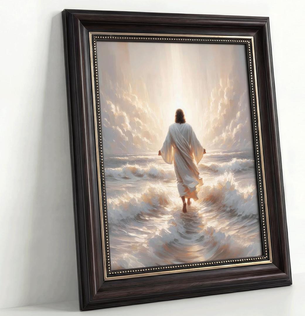 Dark Brown Framed Jesus Walks On Water Canvas Wall Art Jesus walking on water back view Wall Decor Picture Christian Bible Stories Poster Print painting for Living Room Bedroom Church Decoration