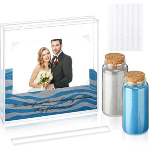 Roowest Sand Ceremony Kit for Wedding Includes Clear Acrylic Unity Sand Ceremony Photo Frame 2 Pack Photo Fixing Corner Stickers and 2 Glass Unity Holder for Wedding Home Decor(Blue, Gray)