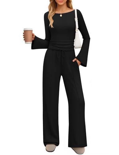 ZESICA Women's 2 Piece Lounge Sets Fall 2026 Casual Long Sleeve Boat Neck Ribbed Tops Wide Leg Pants Outfits with Pocket,Black,Large