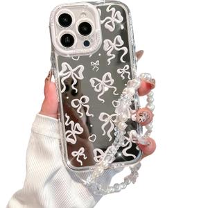 for iPhone 12 Pro Case, [White Bow Pattern][Shiny Mirror Case][2-in-1 with Beaded Wrist Strap] Soft TPU Frame, Shockproof and Anti-Shock, Suitable for Women & Girls