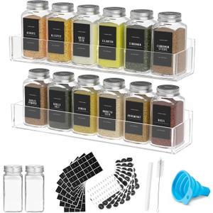 PMMASTO Adhesive Acrylic Spice Rack Organizer with 12 Empty Square Spice Jars, 238 Spice Labels with Chalk Marker and Funnel Complete Set for Kitchen Cabinet/Pantry Door (Clear - 2 Pack)