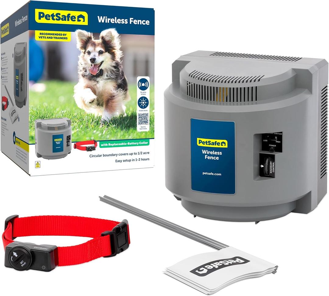 PetSafe Wireless Pet Containment System, Up to 1/2 Acre
Wireless Fence, Tone & Static Correction, Proprietary Circular Boundary with No Wire, Static-Free Re-Entry, Dogs 8 lb+