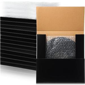 10 Sets Vinyl Record Mailers 12.6 x 12.6 x 1 Shipping Boxes Easy Fold Album Corrugated Cardboard Box with Fragile Stickers and Bubble Bags for Packing Shipping Moving Storage(Black)