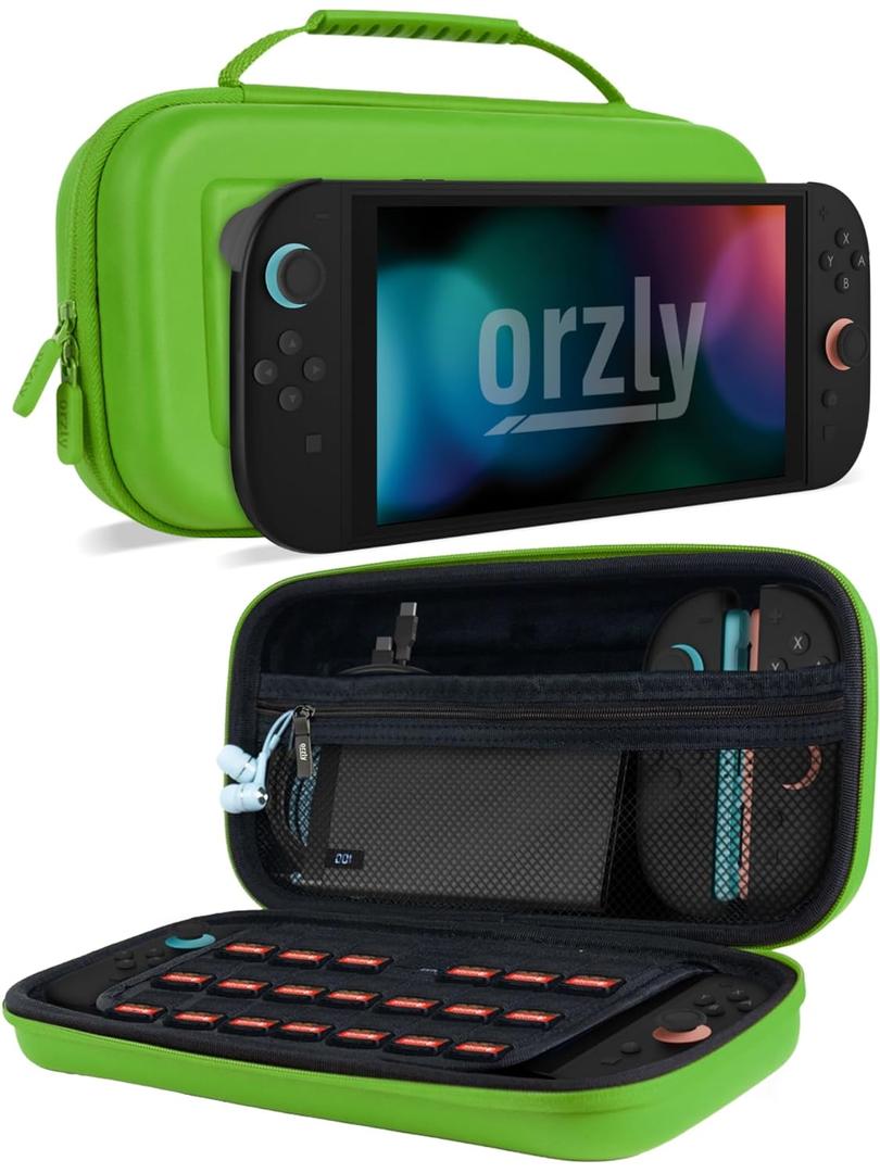 Orzly Case Compatible with Nintendo Switch 2  Protective Travel Carry Case with Screen Padding, Game Card & microSD Slots, Zipped & Open Pockets for Accessories  7.9" Gift Boxed (Green)