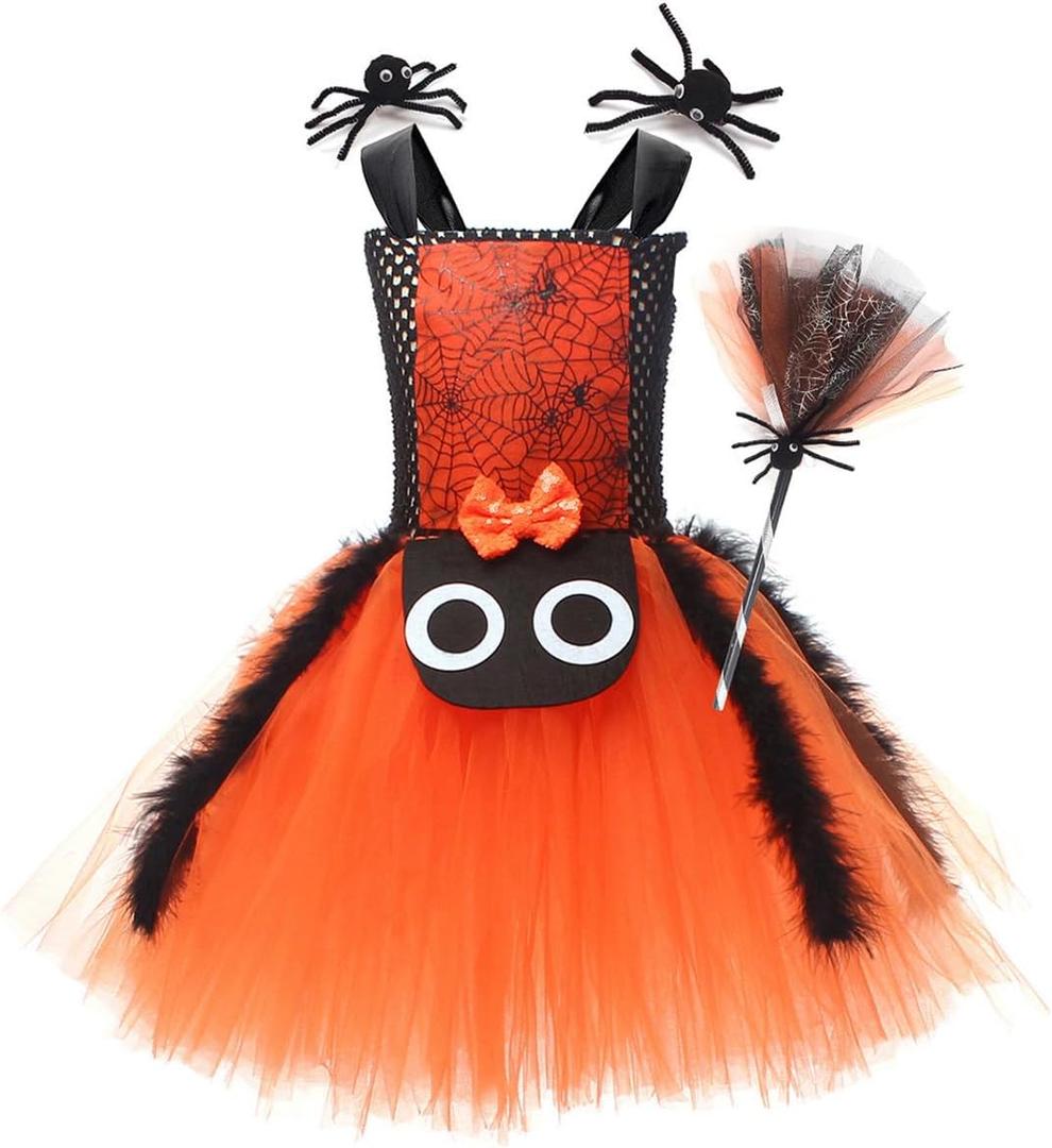 IWEMEK Kids Girls Halloween Cosplay Tutu Dress Spider Dress for Girls Princess Birthday Party Dress up Hair Clips Broom Set (4-5 Years, Orange)